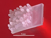 Spuitgegoten micro-akoestische diffuser van 1 x 1 mm. Ingewikkelde kenmerken, zoals hier te zien, kunnen op betrouwbare wijze worden gerepliceerd met een matrijs die is geproduceerd via 2PP-printen voor spuitgieten. "Dergelijke kenmerken van de kolom van 70 µm zijn onmogelijk te creëren met traditionele productiemethoden voor matrijzen", aldus NanoVoxel's CTO Martin Ganz. Foto: NanoVoxel