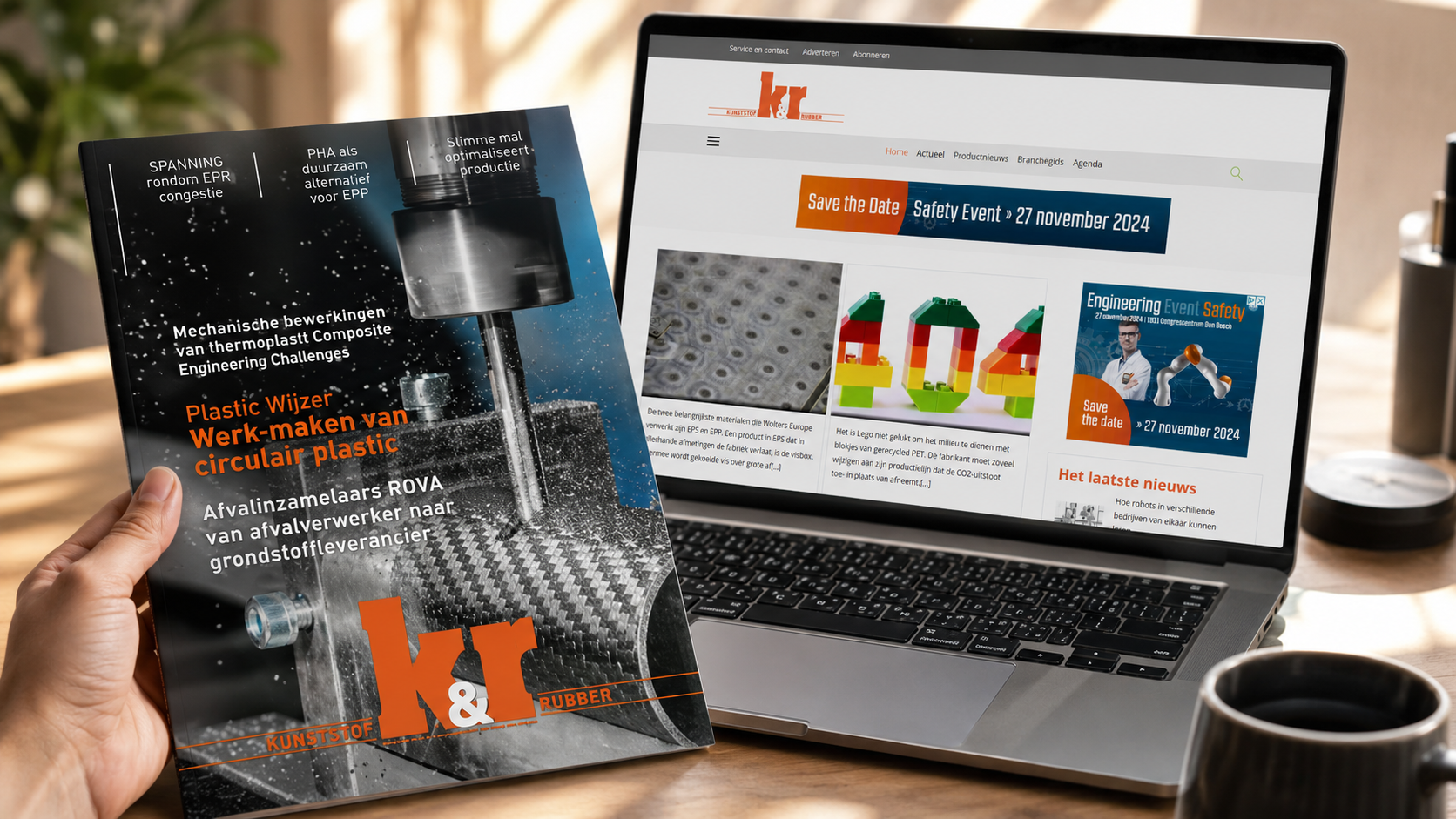 Kunststof & Rubber magazine naast een laptop met de website van Kunststof & Rubber